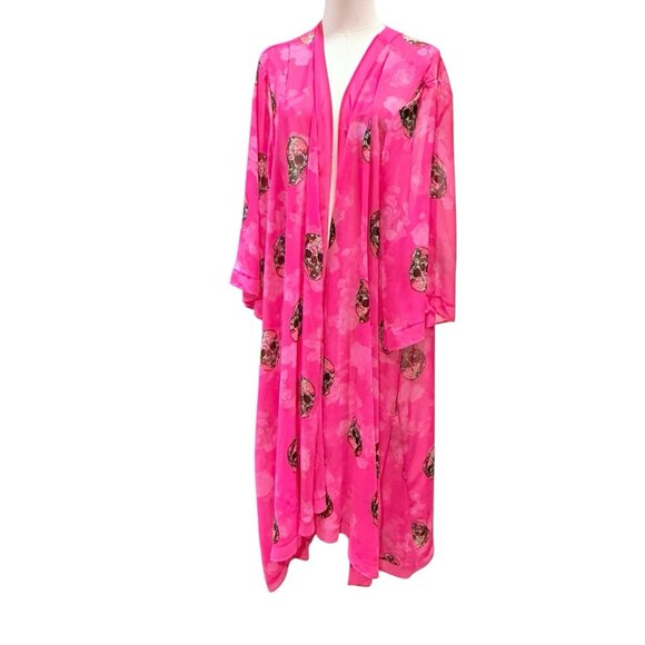 Torrid Open Kimono Womens Size 4X Pink Chiffon Gothic Skull Grunge Cardigan - Picture 4 of 11